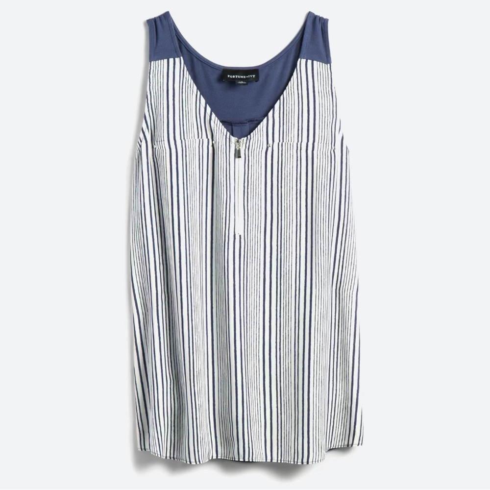 Mixed media zip detail sleeveless blouse